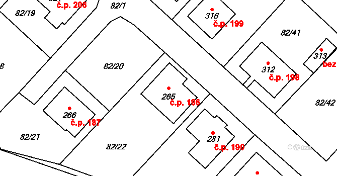 Jakubov u Moravských Budějovic 186 na parcele st. 265 v KÚ Jakubov u Moravských Budějovic, Katastrální mapa