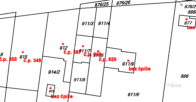 Bohunice 629, Brno na parcele st. 911/5 v KÚ Bohunice, Katastrální mapa