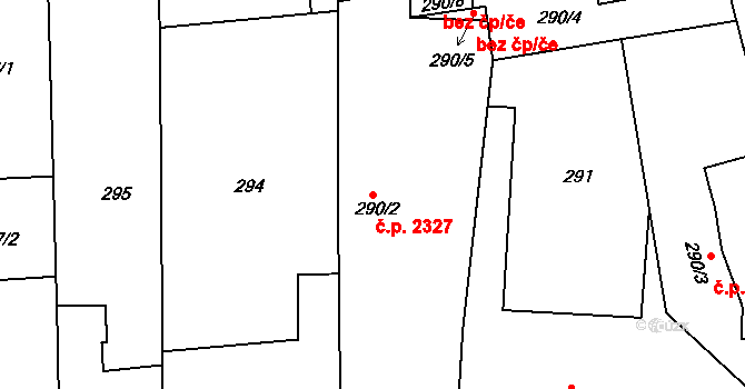 Horní Počernice 2327, Praha na parcele st. 290/2 v KÚ Horní Počernice, Katastrální mapa