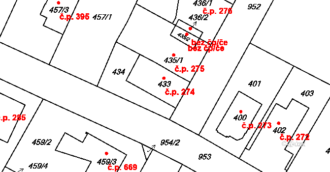 Satalice 274, Praha na parcele st. 433 v KÚ Satalice, Katastrální mapa