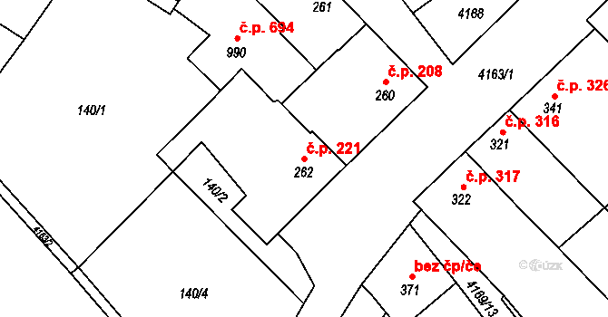 Lomnice nad Lužnicí 221 na parcele st. 262 v KÚ Lomnice nad Lužnicí, Katastrální mapa