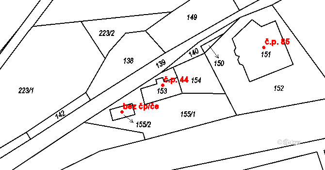 Jílové 44, Hodkovice nad Mohelkou na parcele st. 153 v KÚ Jílové u Hodkovic nad Mohelkou, Katastrální mapa