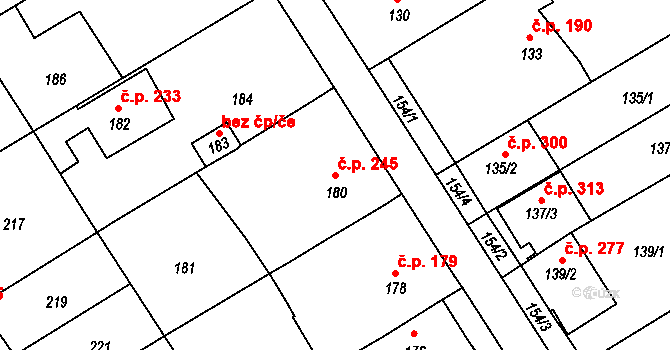 Prštice 245 na parcele st. 180 v KÚ Prštice, Katastrální mapa