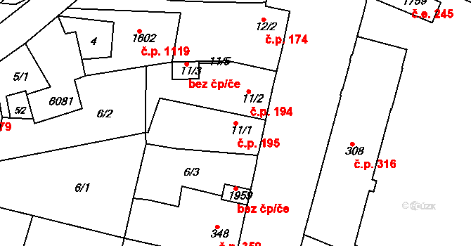 Rosice 195 na parcele st. 11/1 v KÚ Rosice u Brna, Katastrální mapa