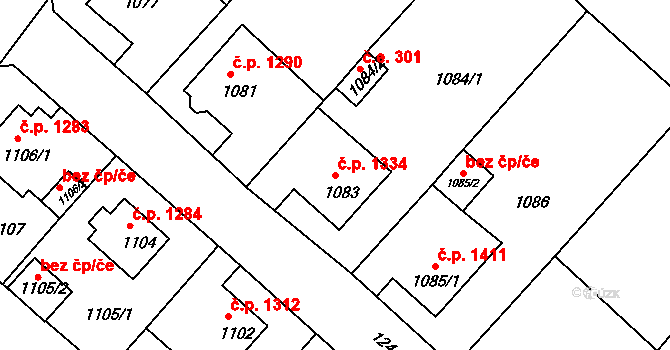 Rumburk 1 1334, Rumburk na parcele st. 1083 v KÚ Rumburk, Katastrální mapa