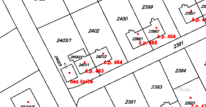 Prostřední Suchá 464, Havířov na parcele st. 2401/2 v KÚ Prostřední Suchá, Katastrální mapa
