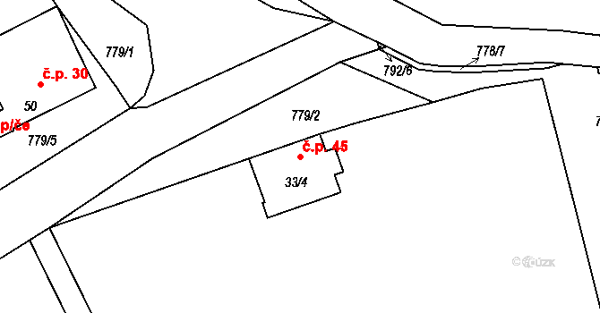 Malechov 45, Dolany na parcele st. 33/4 v KÚ Malechov, Katastrální mapa