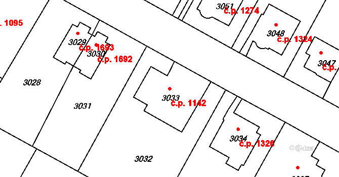 Předměstí 1142, Litoměřice na parcele st. 3033 v KÚ Litoměřice, Katastrální mapa