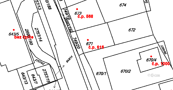 Bučovice 616 na parcele st. 671 v KÚ Bučovice, Katastrální mapa