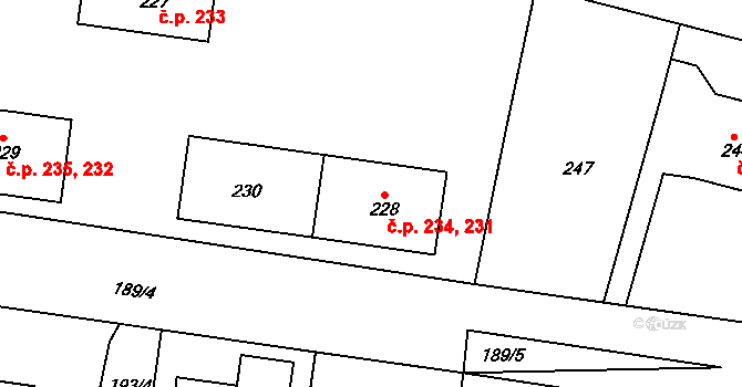 Dýšina 231,234 na parcele st. 230 v KÚ Dýšina, Katastrální mapa