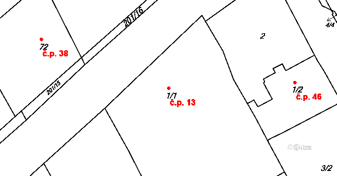 Čáslavky 13, Dolany na parcele st. 1/1 v KÚ Čáslavky, Katastrální mapa