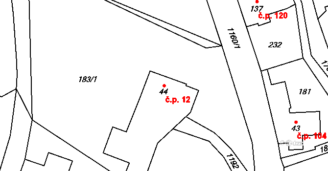 Horní Radechová 12 na parcele st. 44 v KÚ Horní Radechová, Katastrální mapa