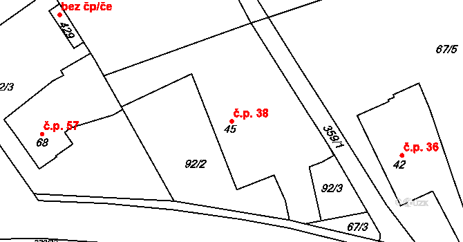 Hrádek 38, Srch na parcele st. 45 v KÚ Hrádek u Pardubic, Katastrální mapa