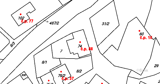 Kamenná 58 na parcele st. 74 v KÚ Kamenná, Katastrální mapa