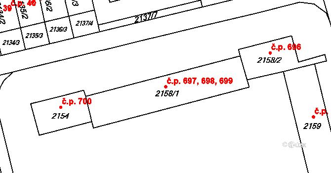 Mohelnice 697,698,699 na parcele st. 2158/1 v KÚ Mohelnice, Katastrální mapa