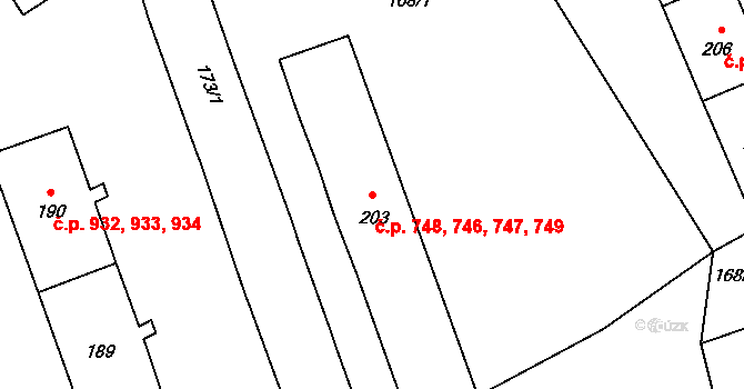 Kopřivnice 746,747,748,749 na parcele st. 203 v KÚ Kopřivnice, Katastrální mapa