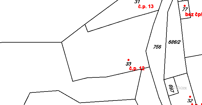 Hracholusky 12 na parcele st. 33 v KÚ Hracholusky nad Berounkou, Katastrální mapa