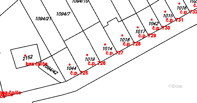 Jáchymov 727 na parcele st. 1014 v KÚ Jáchymov, Katastrální mapa