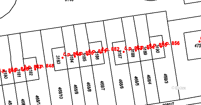 Lyžbice 852, Třinec na parcele st. 3186 v KÚ Lyžbice, Katastrální mapa