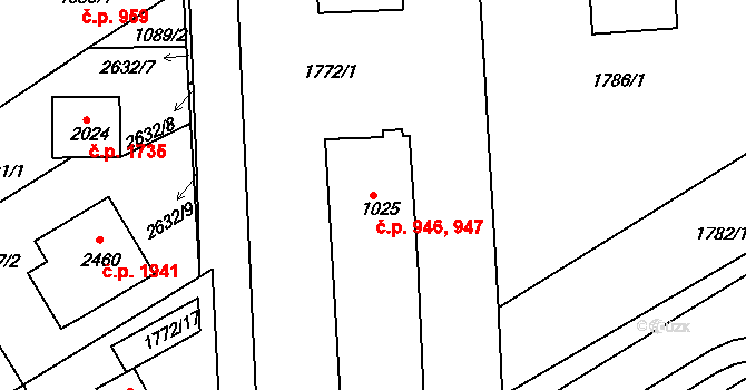 Tišnov 946,947 na parcele st. 1025 v KÚ Tišnov, Katastrální mapa
