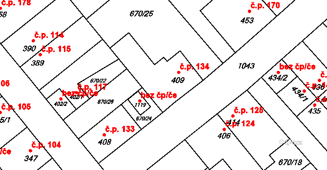 Pchery 134 na parcele st. 409 v KÚ Pchery, Katastrální mapa