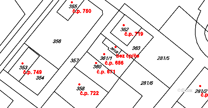Rýmařov 656 na parcele st. 361/1 v KÚ Rýmařov, Katastrální mapa