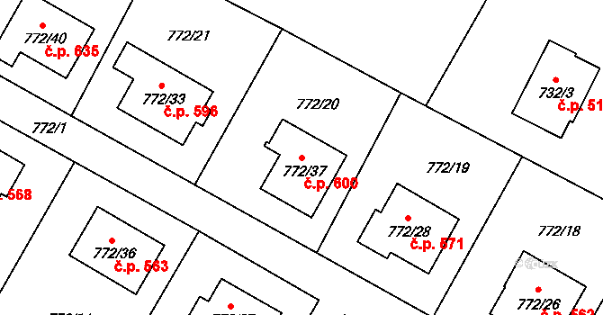 Fryčovice 600 na parcele st. 772/37 v KÚ Fryčovice, Katastrální mapa