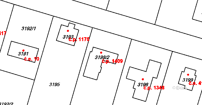 Úvaly 1409 na parcele st. 3198/2 v KÚ Úvaly u Prahy, Katastrální mapa