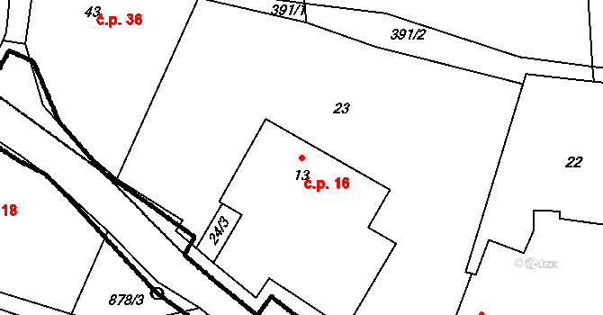 Kladruby 16 na parcele st. 13 v KÚ Kladruby u Strakonic, Katastrální mapa
