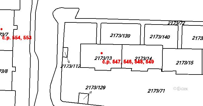 Klášterec nad Ohří 546,547,548,549 na parcele st. 2173/13 v KÚ Klášterec nad Ohří, Katastrální mapa