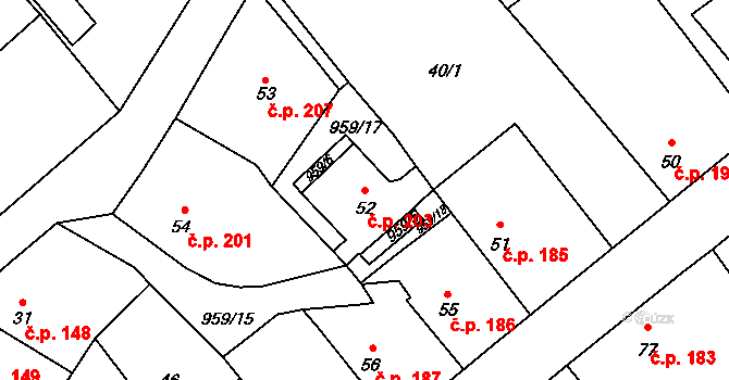 Borohrádek 203 na parcele st. 52 v KÚ Borohrádek, Katastrální mapa