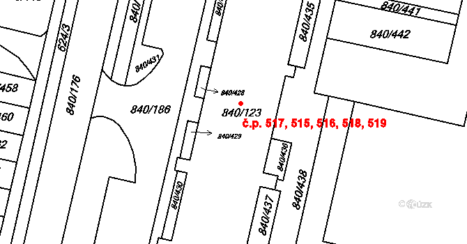 Bohnice 515,516,517,518,519, Praha na parcele st. 840/123 v KÚ Bohnice, Katastrální mapa