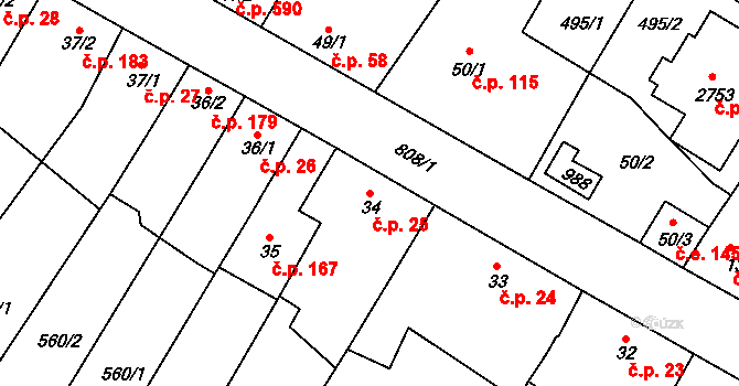 Sezimovo Ústí 25 na parcele st. 34 v KÚ Sezimovo Ústí, Katastrální mapa