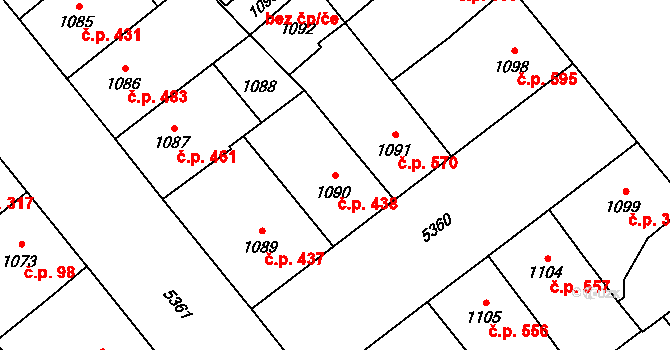 Východní Předměstí 438, Plzeň na parcele st. 1090 v KÚ Plzeň, Katastrální mapa