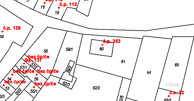 Želešice 353 na parcele st. 60 v KÚ Želešice, Katastrální mapa