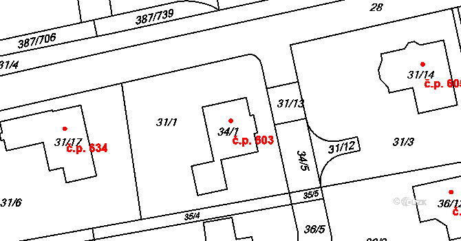 Štípa 603, Zlín na parcele st. 34/1 v KÚ Štípa, Katastrální mapa