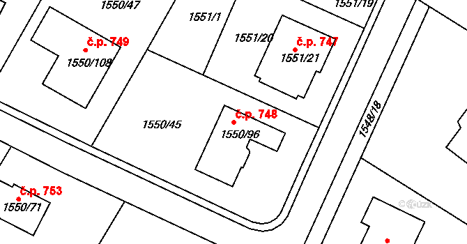 Miřetice u Klášterce nad Ohří 748, Klášterec nad Ohří na parcele st. 1550/96 v KÚ Miřetice u Klášterce nad Ohří, Katastrální mapa