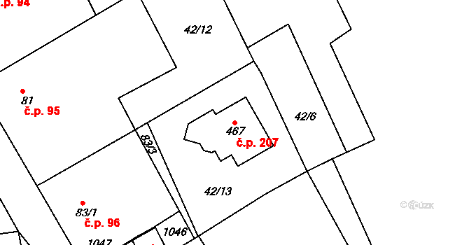 Smrkovice 207, Písek na parcele st. 467 v KÚ Smrkovice, Katastrální mapa