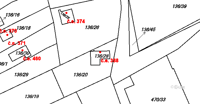 Mstišov 388, Dubí na parcele st. 136/28 v KÚ Mstišov, Katastrální mapa