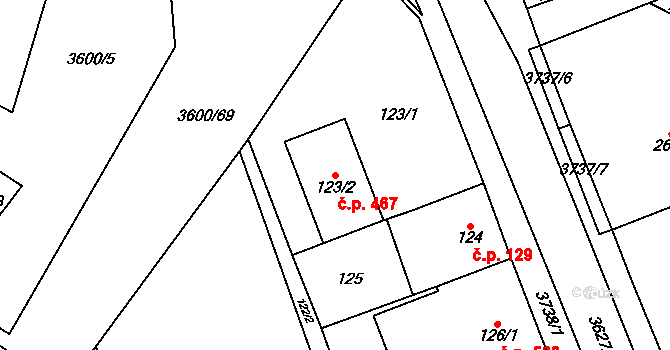 Vyškov-Město 467, Vyškov na parcele st. 123/2 v KÚ Vyškov, Katastrální mapa
