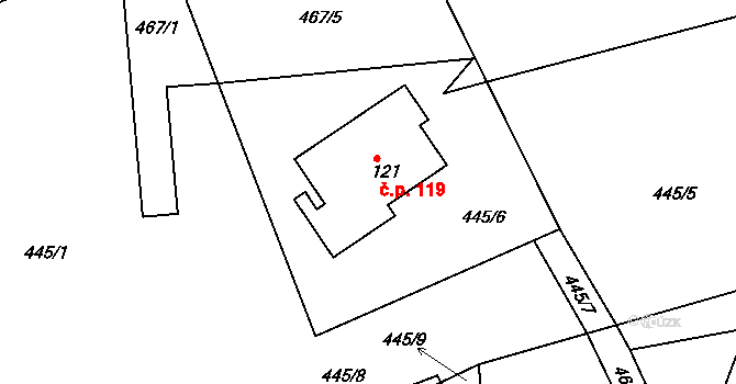 Červená 119, Letohrad na parcele st. 121 v KÚ Červená, Katastrální mapa