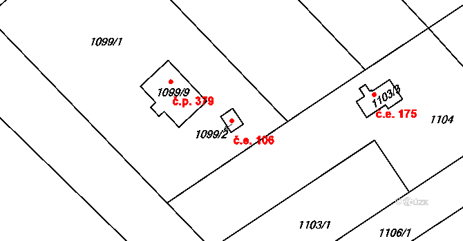 Olomučany 106 na parcele st. 1099/2 v KÚ Olomučany, Katastrální mapa