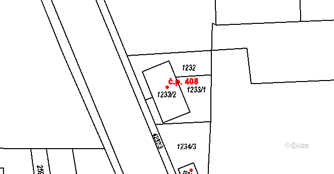 Cihelny 408, Jaroměř na parcele st. 1233/2 v KÚ Jaroměř, Katastrální mapa