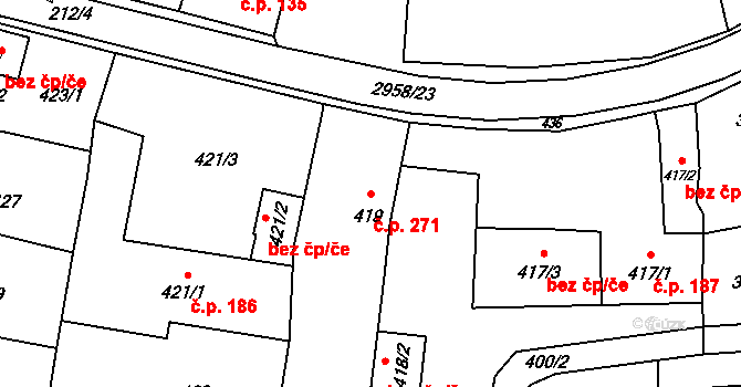 Mohelnice 271 na parcele st. 419 v KÚ Mohelnice, Katastrální mapa