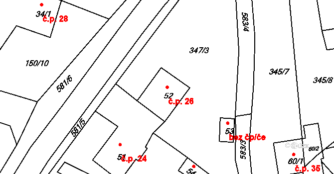Hunčice 26, Líšťany na parcele st. 52 v KÚ Hunčice, Katastrální mapa