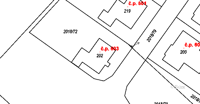 Chlupice 603, Hostěradice na parcele st. 202 v KÚ Chlupice, Katastrální mapa