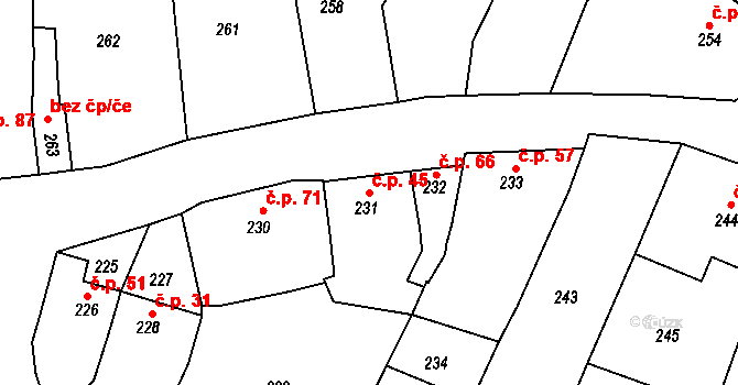 Tetětice 45, Počenice-Tetětice na parcele st. 231 v KÚ Tetětice, Katastrální mapa