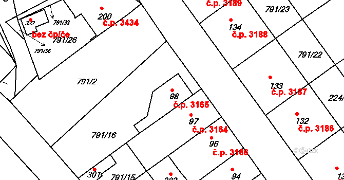 Znojmo 3165 na parcele st. 98 v KÚ Znojmo-Hradiště, Katastrální mapa