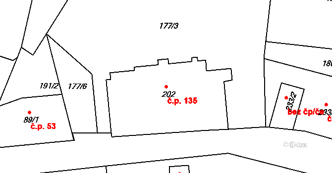 Huť 135, Pěnčín na parcele st. 202 v KÚ Huť, Katastrální mapa
