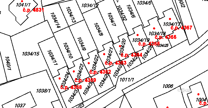 Mšeno nad Nisou 4363, Jablonec nad Nisou na parcele st. 1034/21 v KÚ Mšeno nad Nisou, Katastrální mapa